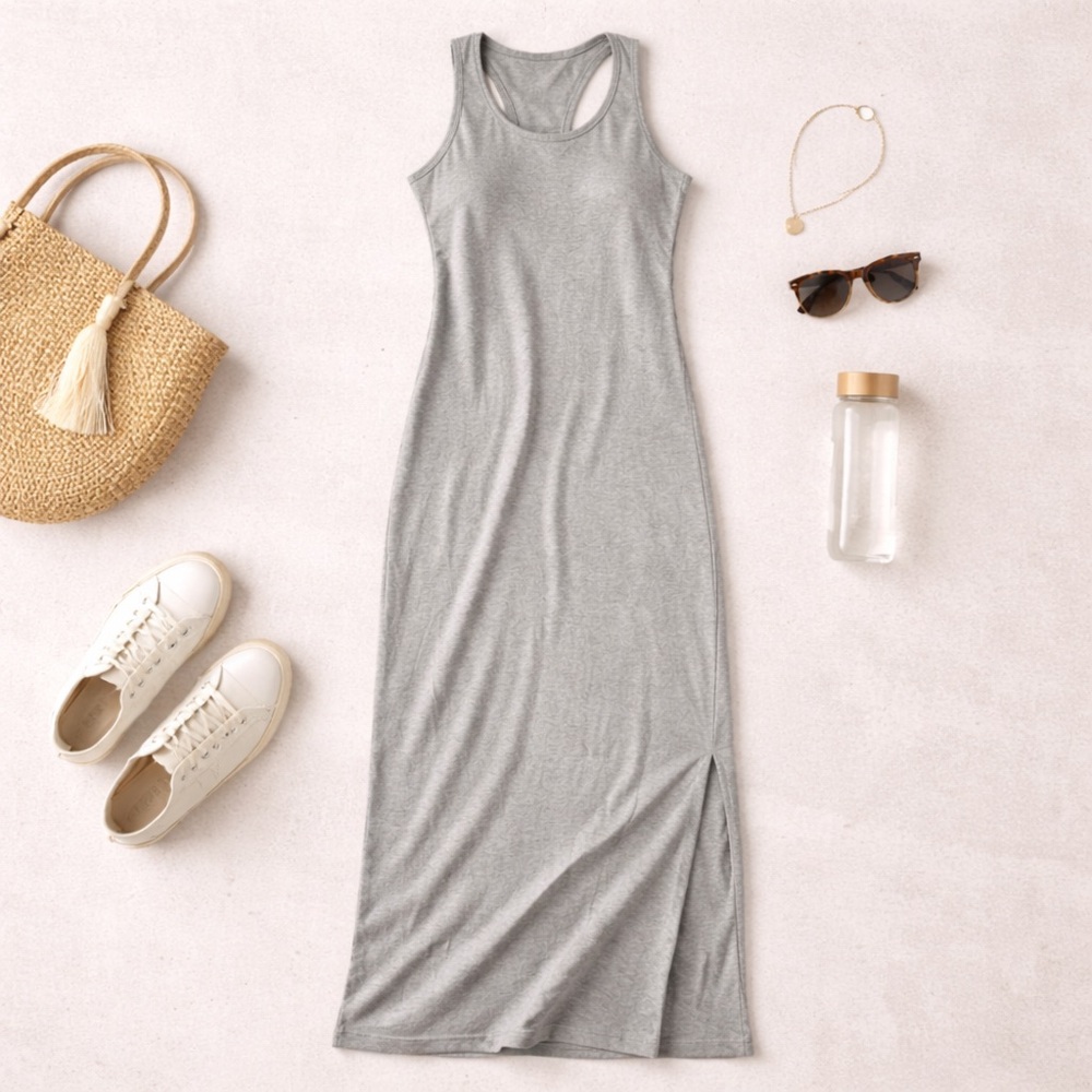 West Loop Gray Racerback Maxi Dress w/ Side Slit – Casual Stretchy Tank Dress